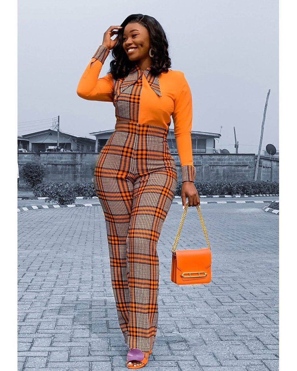 Digital Printing Check Stitching Jumpsuit