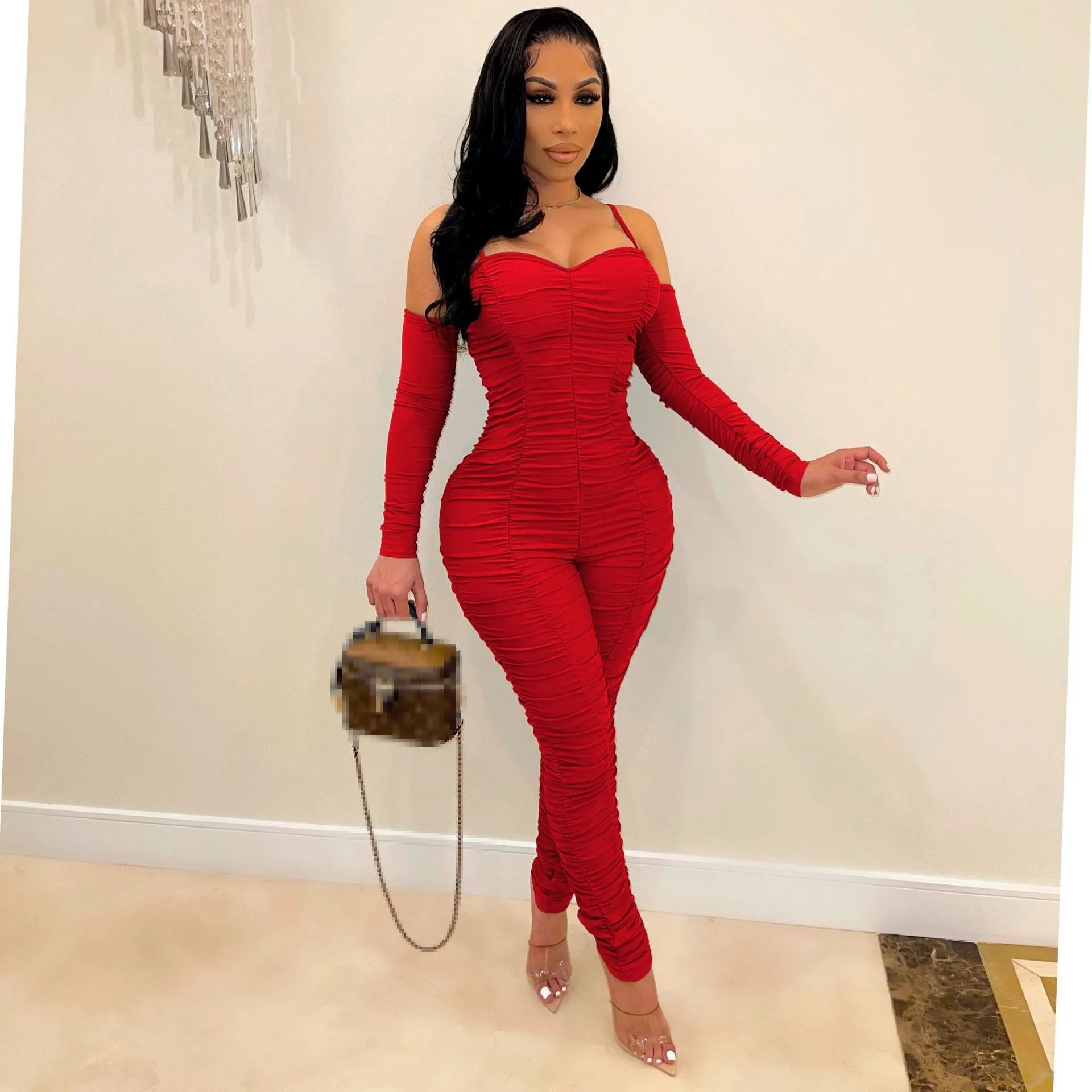 Ruched: Long Sleeve Form Fitted Jumpsuit