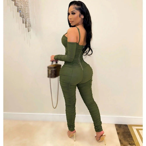 Ruched Long Sleeve : Form Fitted Jumpsuit