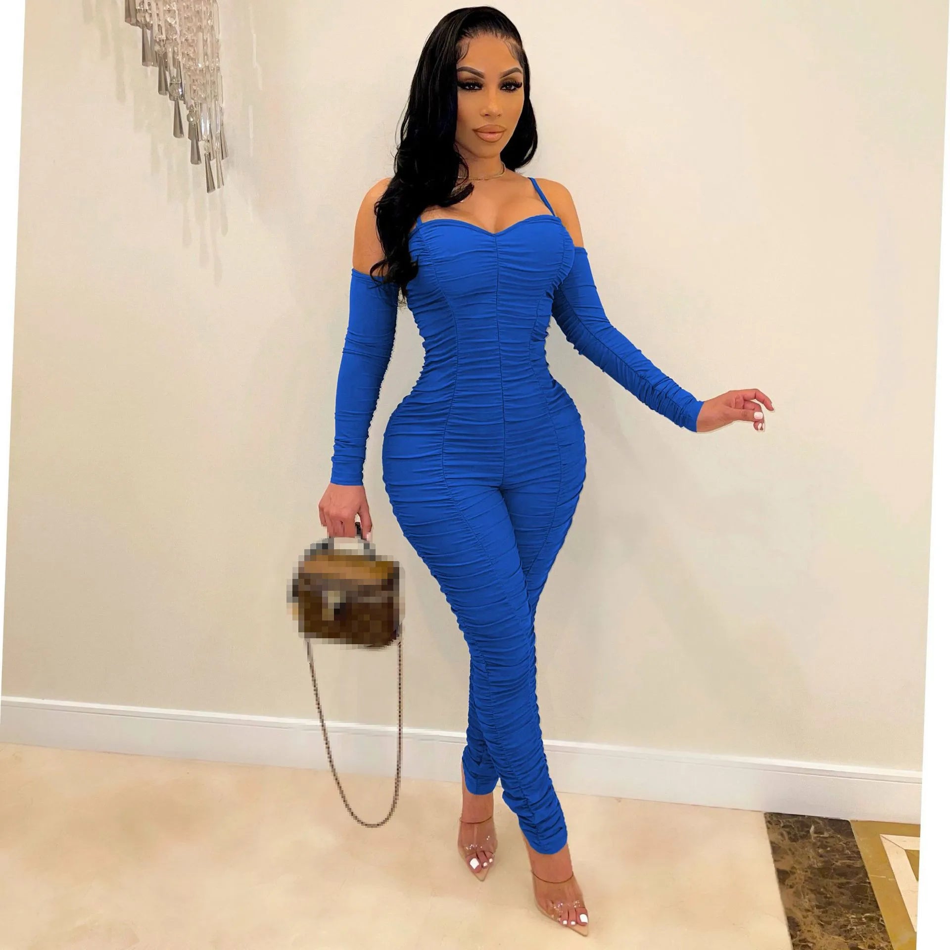 Ruched: Long Sleeve Form Fitted Jumpsuit