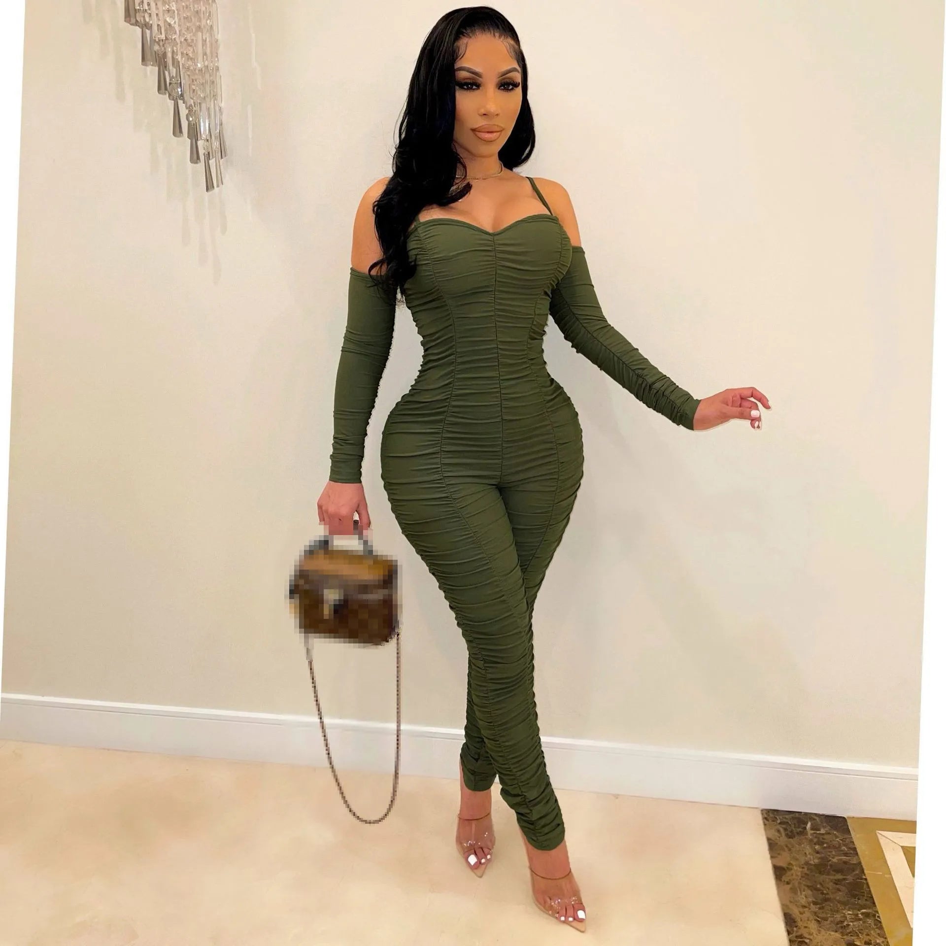 Ruched: Long Sleeve Form Fitted Jumpsuit