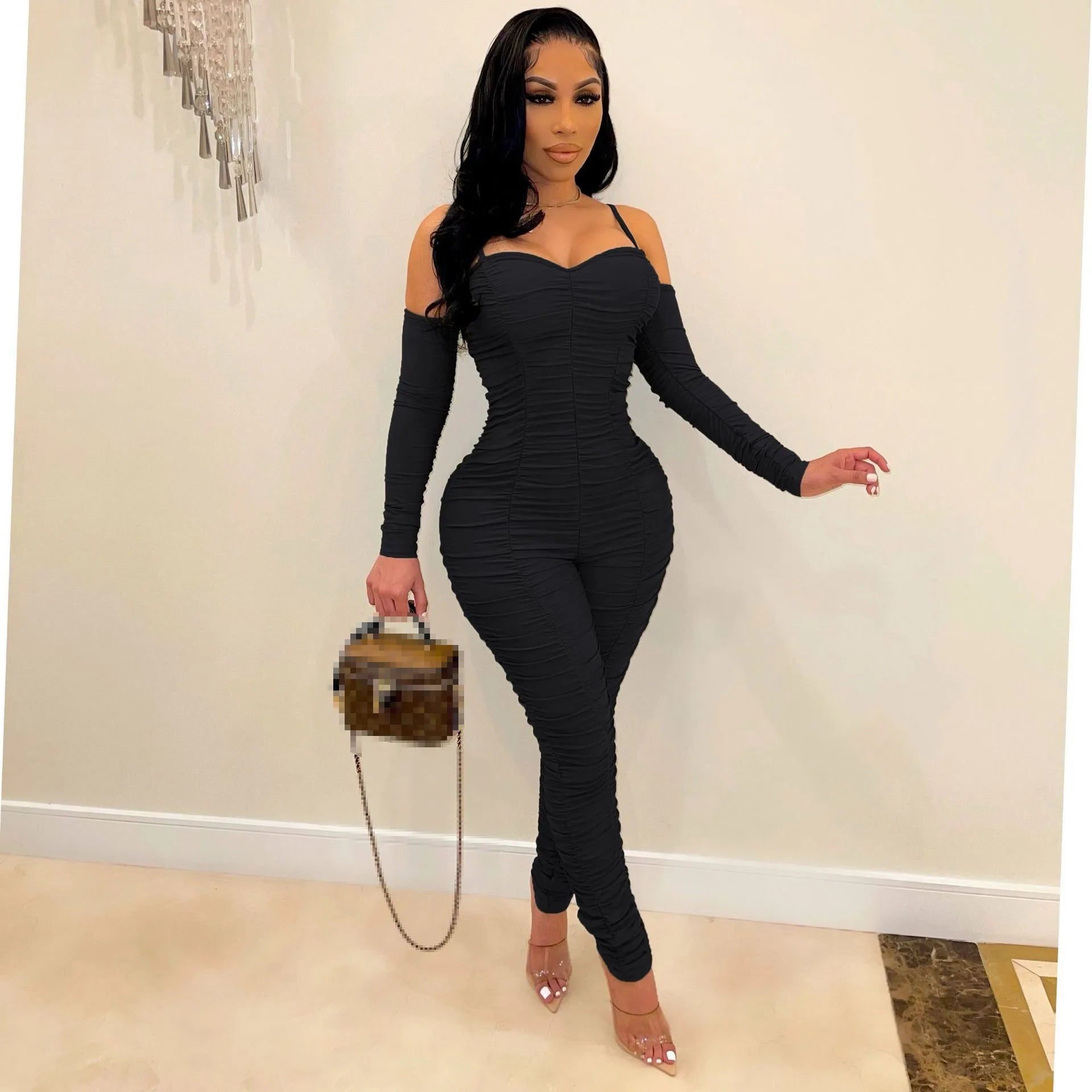 Ruched: Long Sleeve Form Fitted Jumpsuit