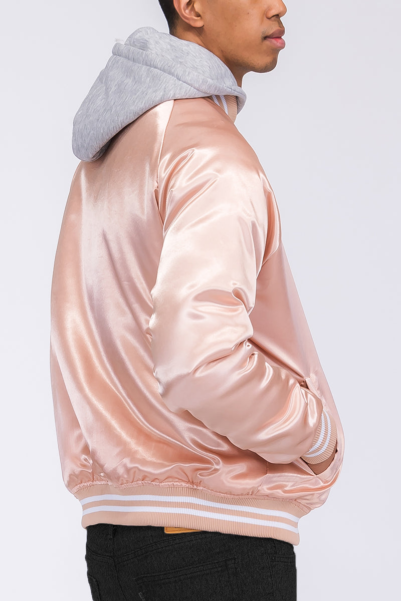 Satin Hooded Varsity Jacket Snap Button Closure BJ220
