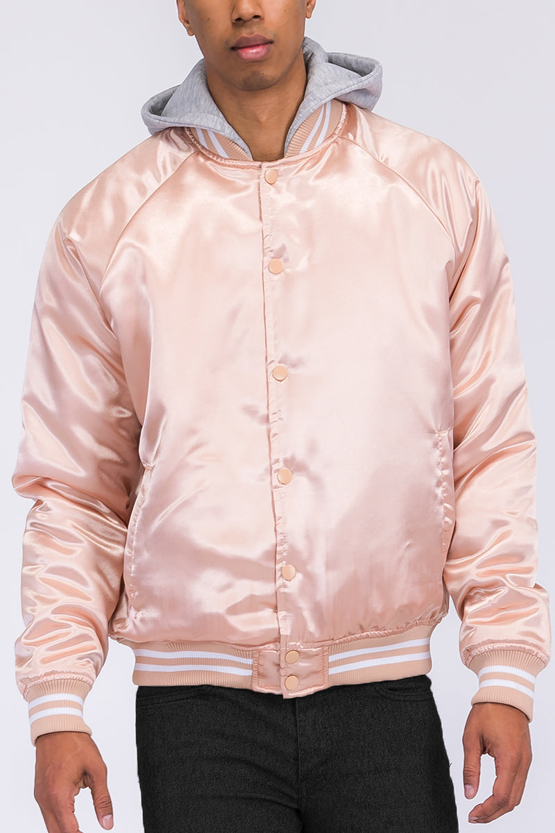 Satin Hooded Varsity Jacket Snap Button Closure BJ220