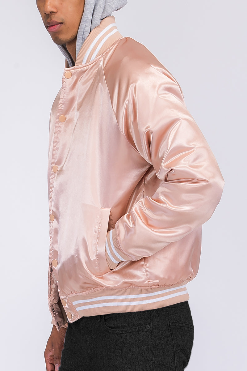 Satin Hooded Varsity Jacket Snap Button Closure BJ220