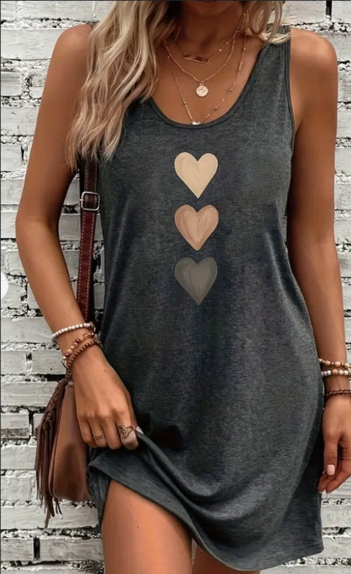 Vibrant Heart Print Crew Neck Tank Dress - Soft, Breathable,