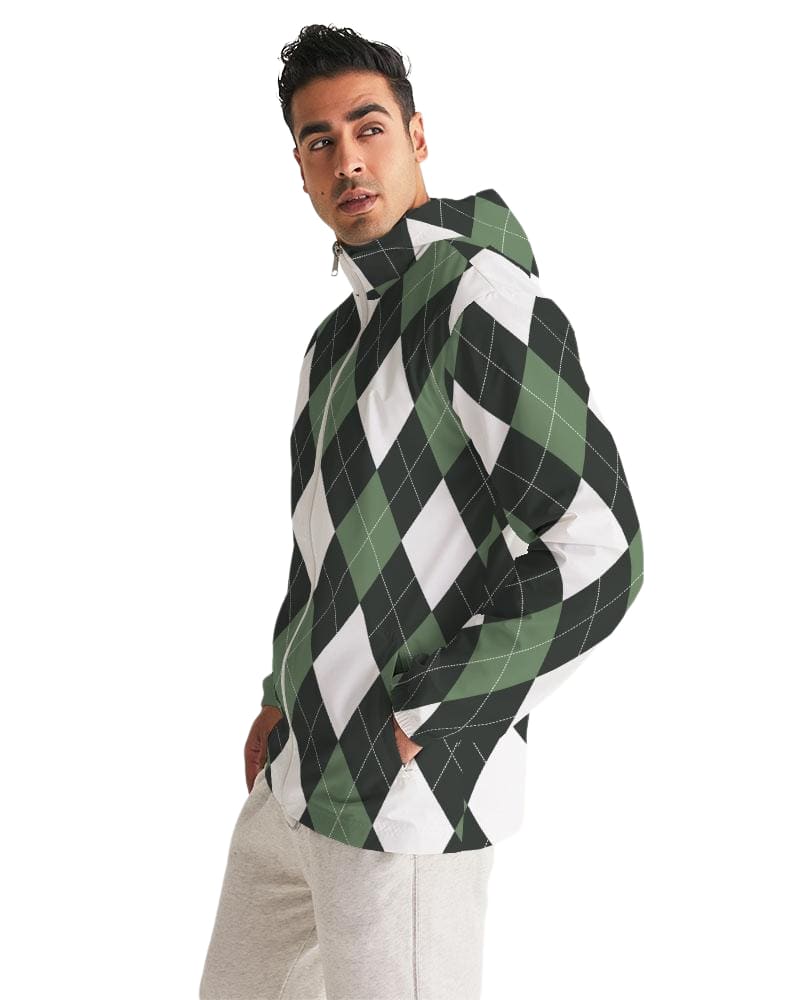 Mens Hooded Windbreaker - Green and White Plaid Tartan Pattern -