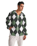 Mens Hooded Windbreaker - Green and White Plaid Tartan Pattern -