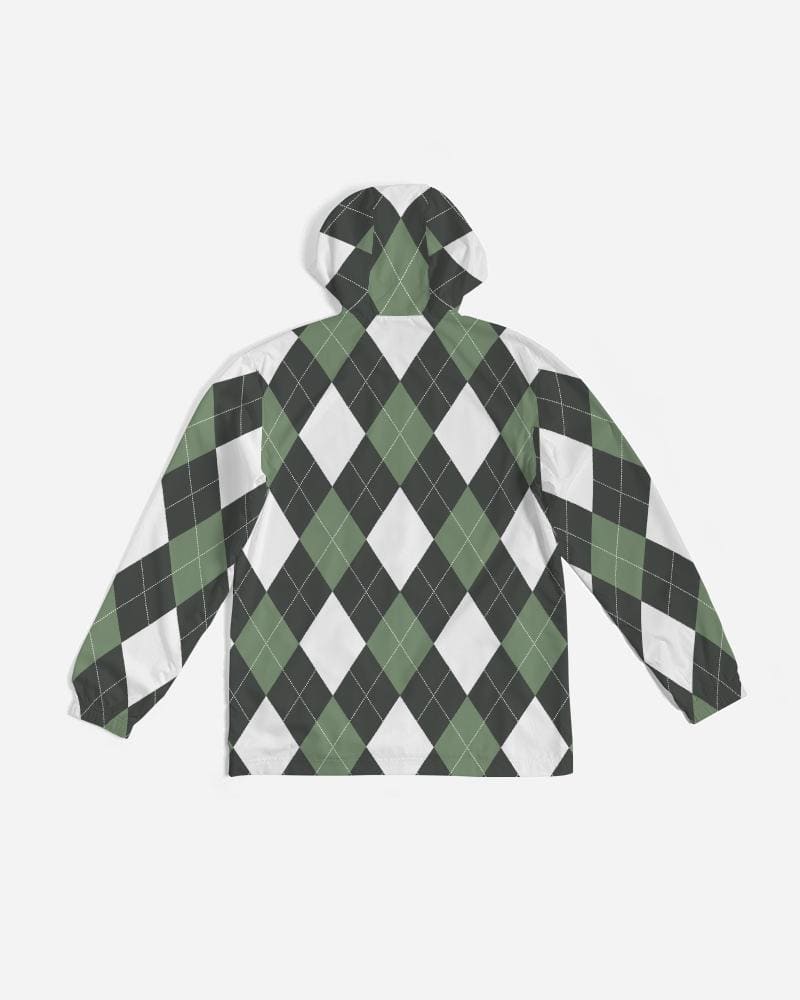 Mens Hooded Windbreaker - Green and White Plaid Tartan Pattern -