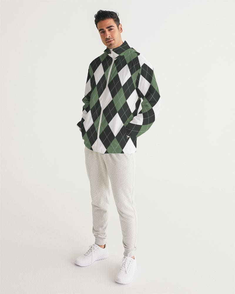 Mens Hooded Windbreaker - Green and White Plaid Tartan Pattern -