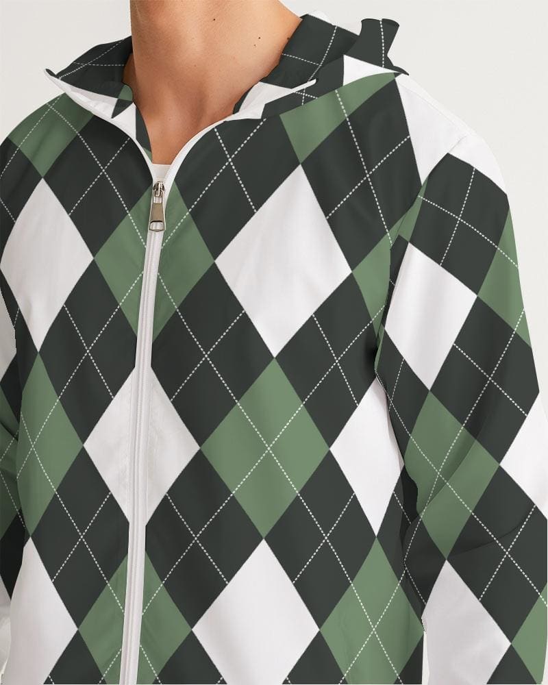 Mens Hooded Windbreaker - Green and White Plaid Tartan Pattern -