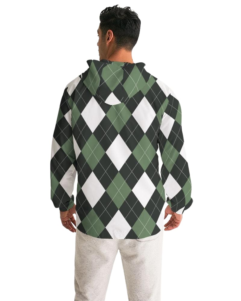 Mens Hooded Windbreaker - Green and White Plaid Tartan Pattern -
