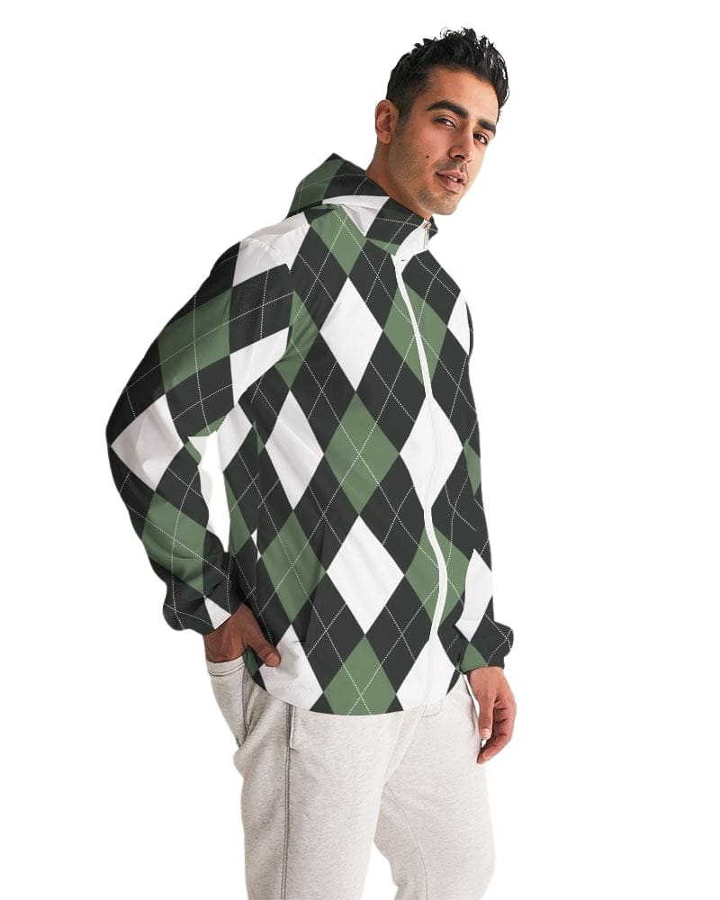 Mens Hooded Windbreaker - Green and White Plaid Tartan Pattern -