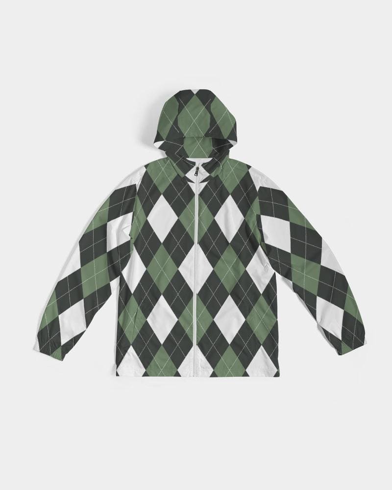 Mens Hooded Windbreaker - Green and White Plaid Tartan Pattern -
